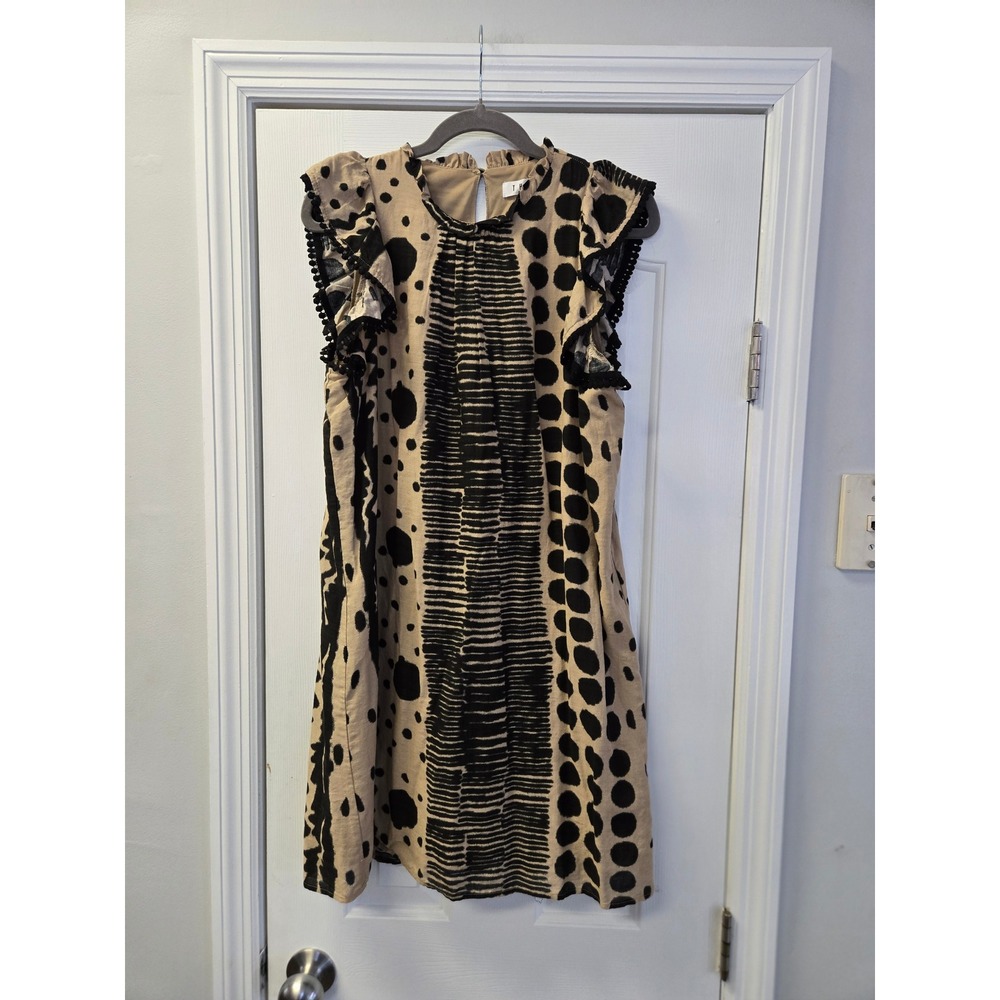 THML Tan Black Abstract Artsy Polka Dot Stripe Flutter Sleeve Shift Dress S